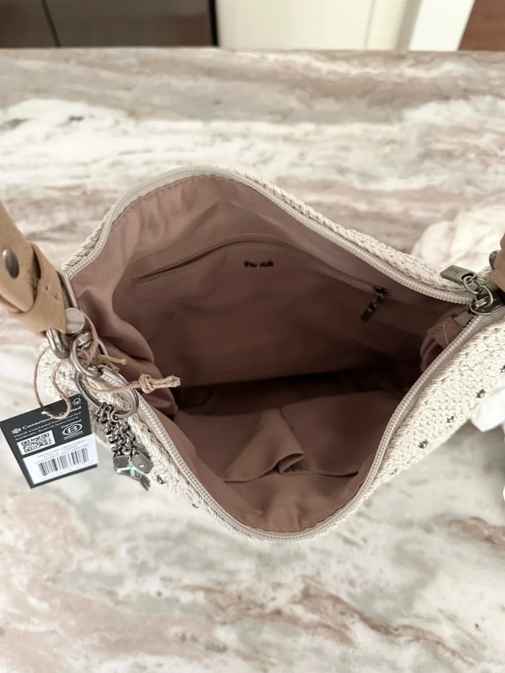 The Sak Sequoia Cream & Tan Crochet Leather Hobo Shoulder Bag with Bag Charm - Picture 16 of 17